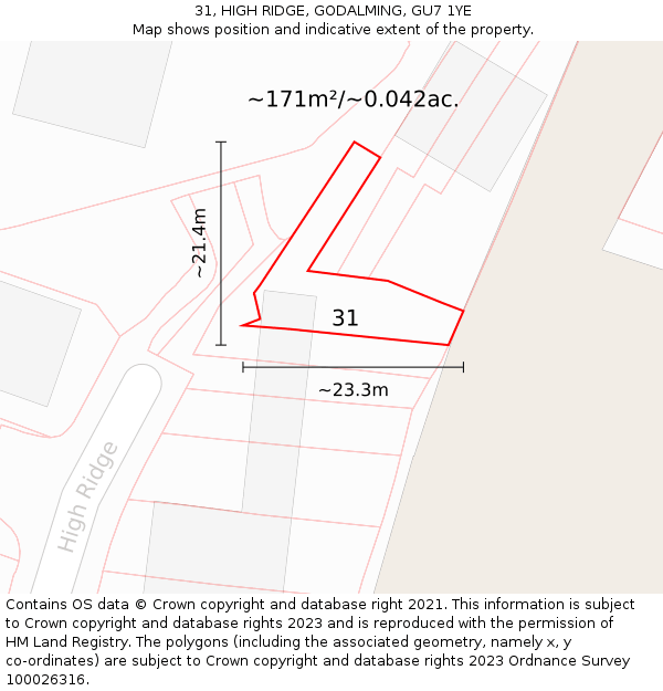 31, HIGH RIDGE, GODALMING, GU7 1YE: Plot and title map