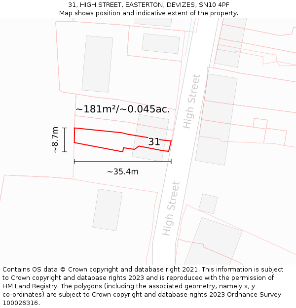 31, HIGH STREET, EASTERTON, DEVIZES, SN10 4PF: Plot and title map