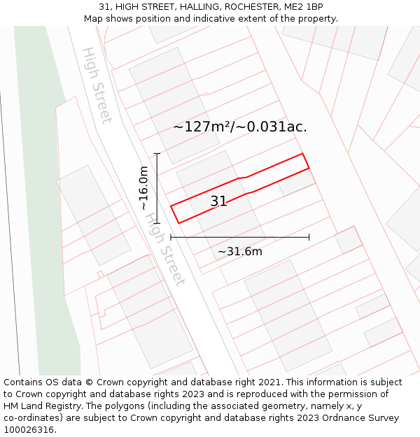 31, HIGH STREET, HALLING, ROCHESTER, ME2 1BP: Plot and title map