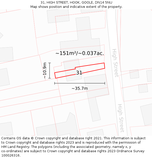 31, HIGH STREET, HOOK, GOOLE, DN14 5NU: Plot and title map