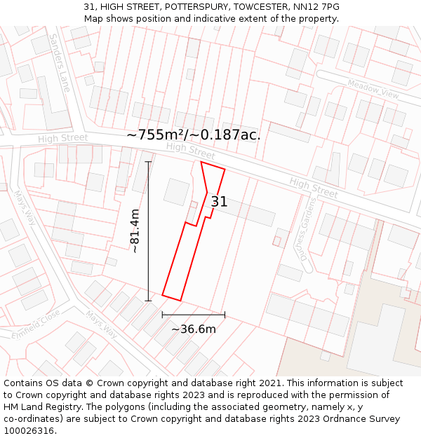 31, HIGH STREET, POTTERSPURY, TOWCESTER, NN12 7PG: Plot and title map