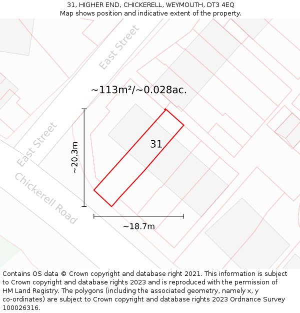31, HIGHER END, CHICKERELL, WEYMOUTH, DT3 4EQ: Plot and title map