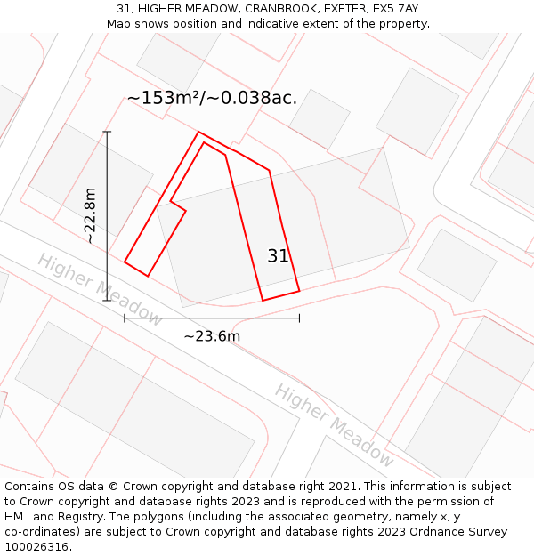 31, HIGHER MEADOW, CRANBROOK, EXETER, EX5 7AY: Plot and title map