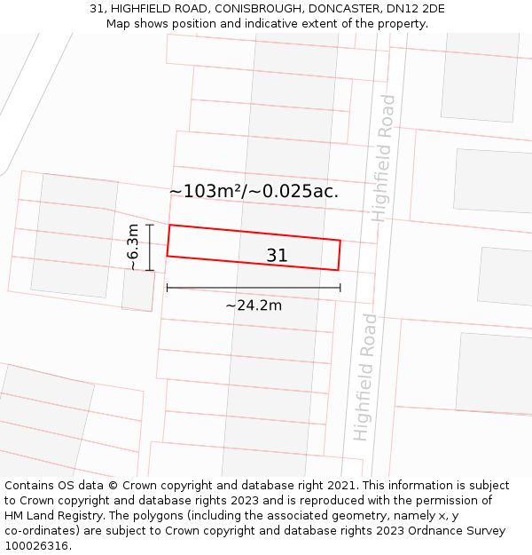 31, HIGHFIELD ROAD, CONISBROUGH, DONCASTER, DN12 2DE: Plot and title map
