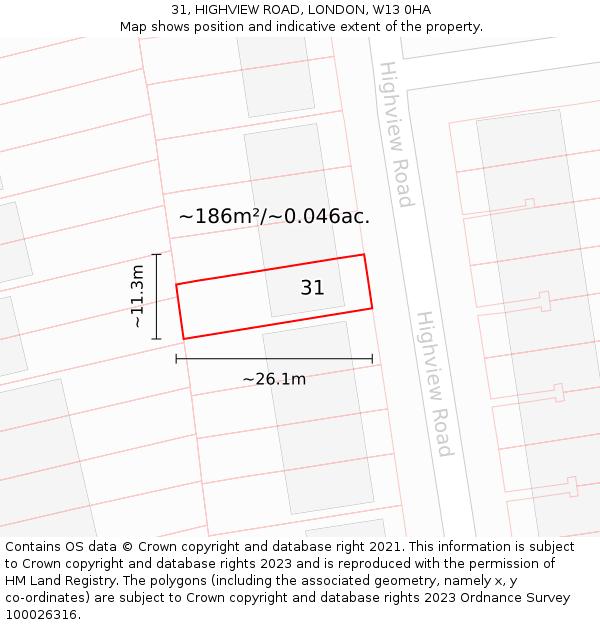 31, HIGHVIEW ROAD, LONDON, W13 0HA: Plot and title map