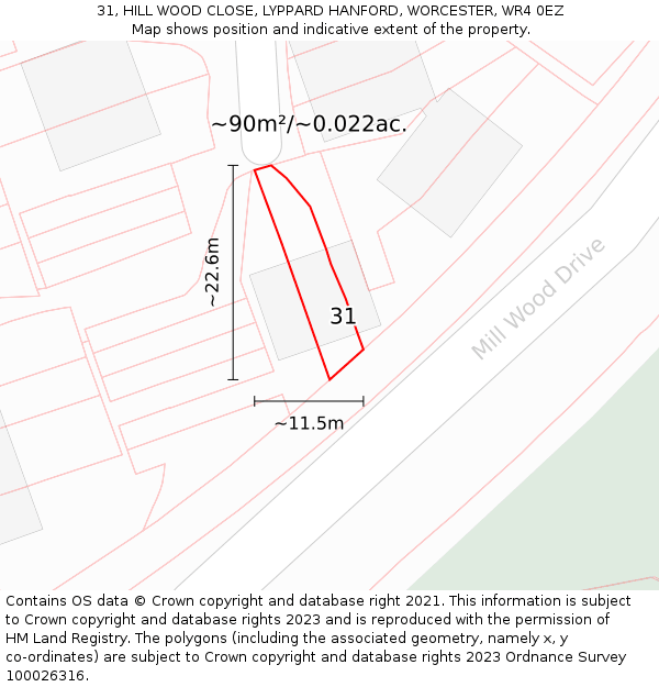 31, HILL WOOD CLOSE, LYPPARD HANFORD, WORCESTER, WR4 0EZ: Plot and title map