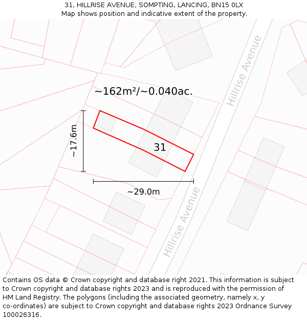 31, HILLRISE AVENUE, SOMPTING, LANCING, BN15 0LX: Plot and title map