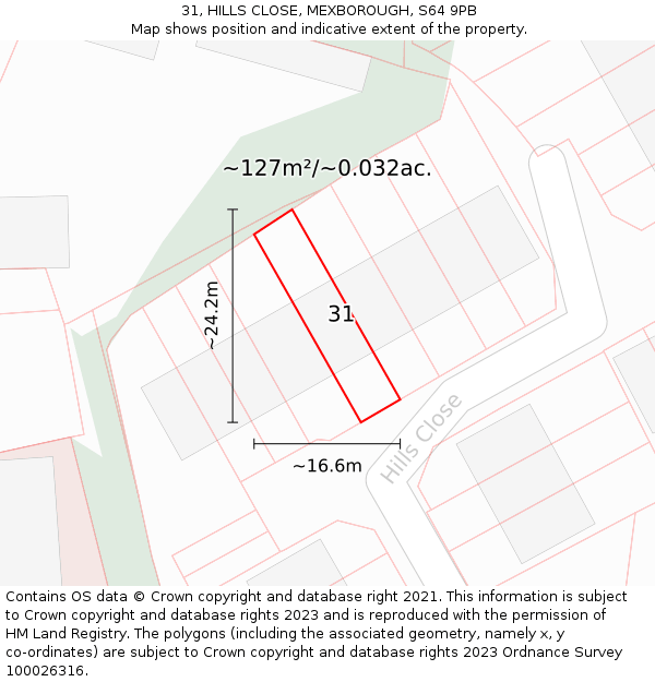 31, HILLS CLOSE, MEXBOROUGH, S64 9PB: Plot and title map