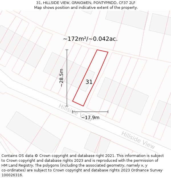 31, HILLSIDE VIEW, GRAIGWEN, PONTYPRIDD, CF37 2LF: Plot and title map