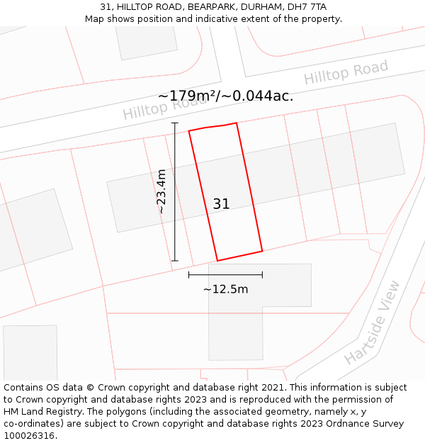 31, HILLTOP ROAD, BEARPARK, DURHAM, DH7 7TA: Plot and title map
