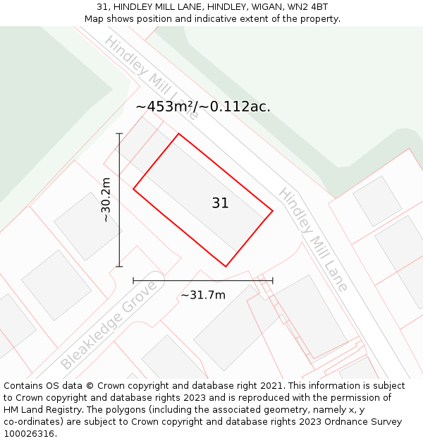 31, HINDLEY MILL LANE, HINDLEY, WIGAN, WN2 4BT: Plot and title map
