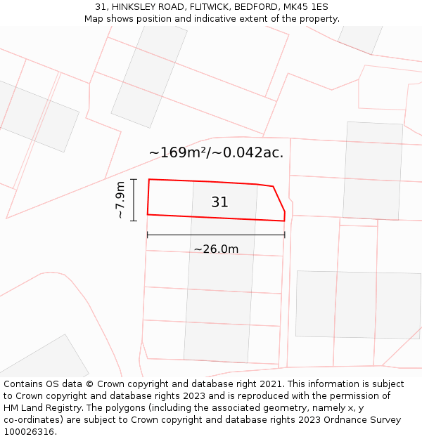 31, HINKSLEY ROAD, FLITWICK, BEDFORD, MK45 1ES: Plot and title map