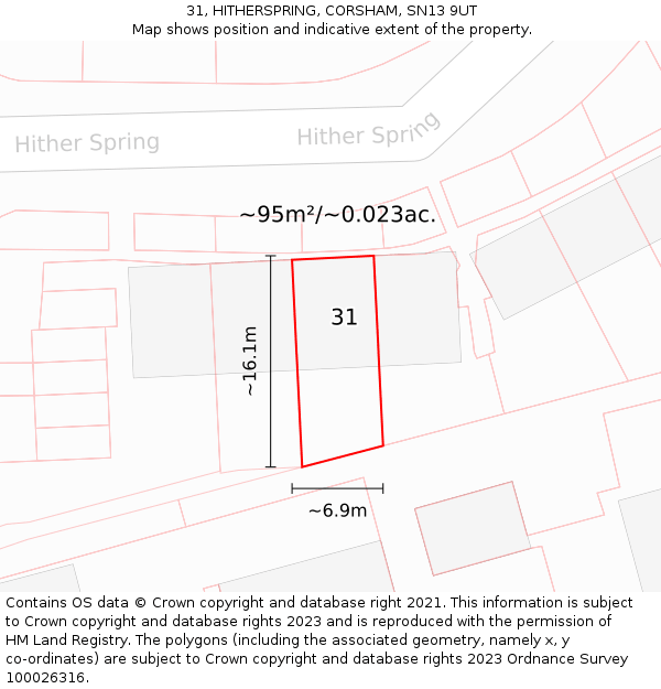 31, HITHERSPRING, CORSHAM, SN13 9UT: Plot and title map