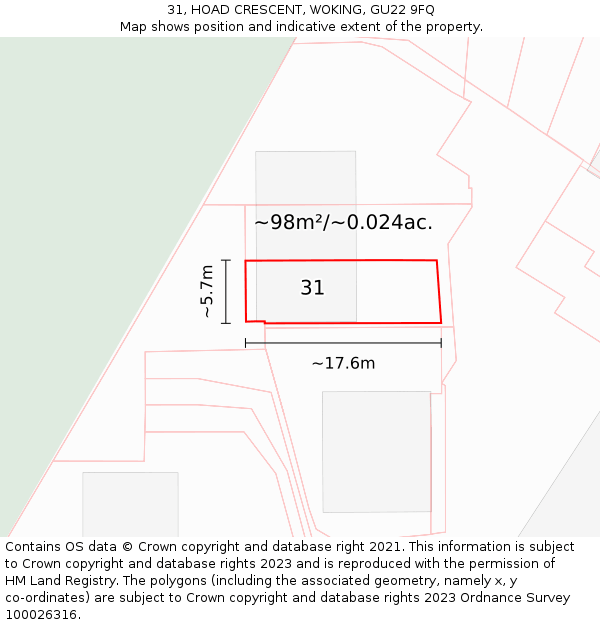 31, HOAD CRESCENT, WOKING, GU22 9FQ: Plot and title map