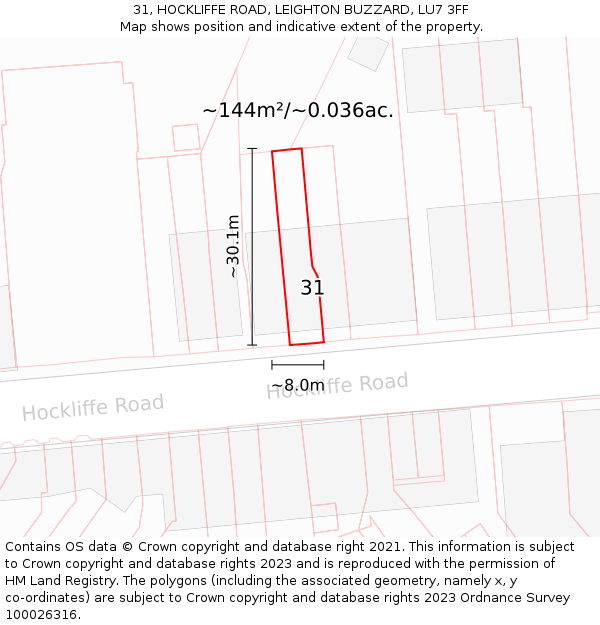 31, HOCKLIFFE ROAD, LEIGHTON BUZZARD, LU7 3FF: Plot and title map