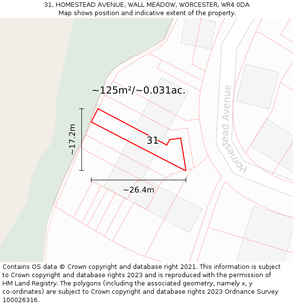 31, HOMESTEAD AVENUE, WALL MEADOW, WORCESTER, WR4 0DA: Plot and title map