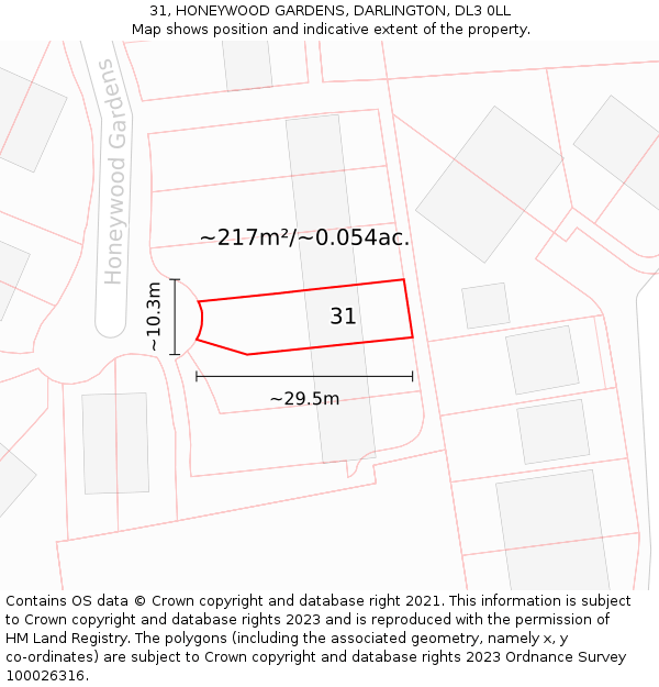31, HONEYWOOD GARDENS, DARLINGTON, DL3 0LL: Plot and title map
