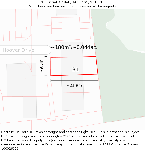 31, HOOVER DRIVE, BASILDON, SS15 6LF: Plot and title map