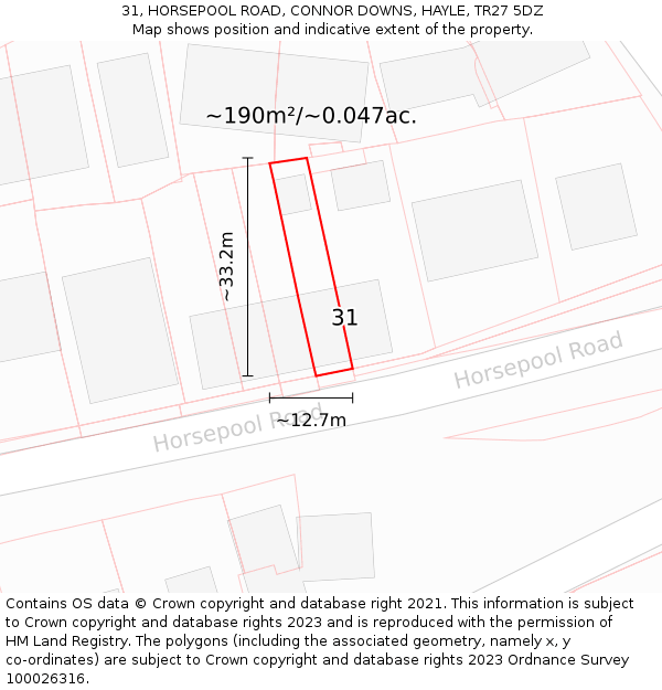 31, HORSEPOOL ROAD, CONNOR DOWNS, HAYLE, TR27 5DZ: Plot and title map