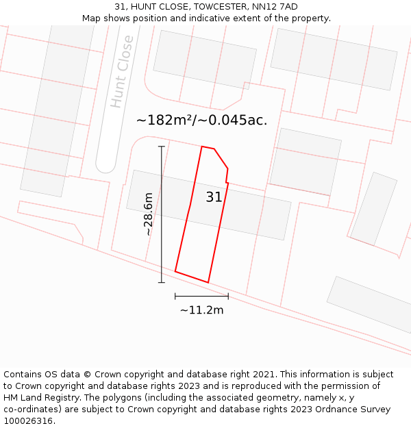 31, HUNT CLOSE, TOWCESTER, NN12 7AD: Plot and title map