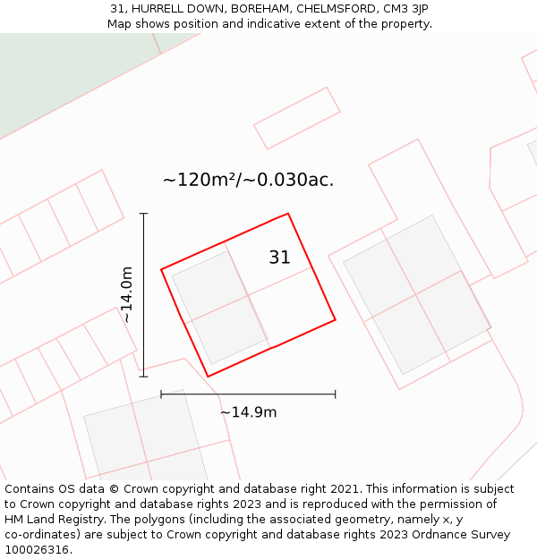 31, HURRELL DOWN, BOREHAM, CHELMSFORD, CM3 3JP: Plot and title map