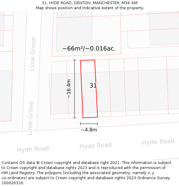 31, HYDE ROAD, DENTON, MANCHESTER, M34 3AF: Plot and title map