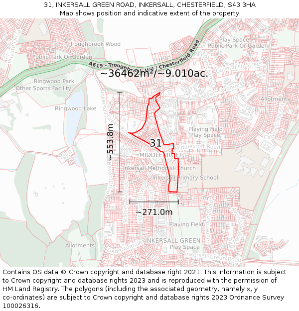31, INKERSALL GREEN ROAD, INKERSALL, CHESTERFIELD, S43 3HA: Plot and title map