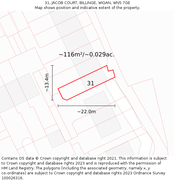 31, JACOB COURT, BILLINGE, WIGAN, WN5 7GE: Plot and title map