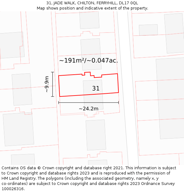 31, JADE WALK, CHILTON, FERRYHILL, DL17 0QL: Plot and title map