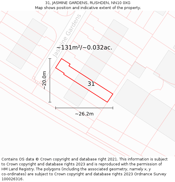 31, JASMINE GARDENS, RUSHDEN, NN10 0XG: Plot and title map
