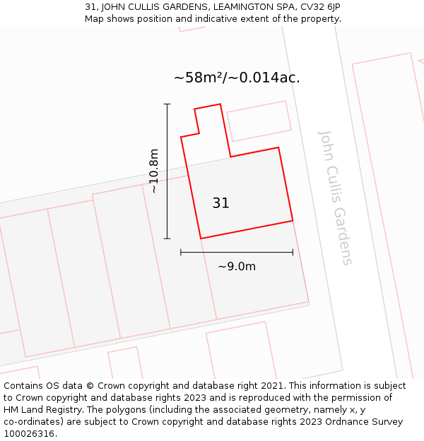 31, JOHN CULLIS GARDENS, LEAMINGTON SPA, CV32 6JP: Plot and title map