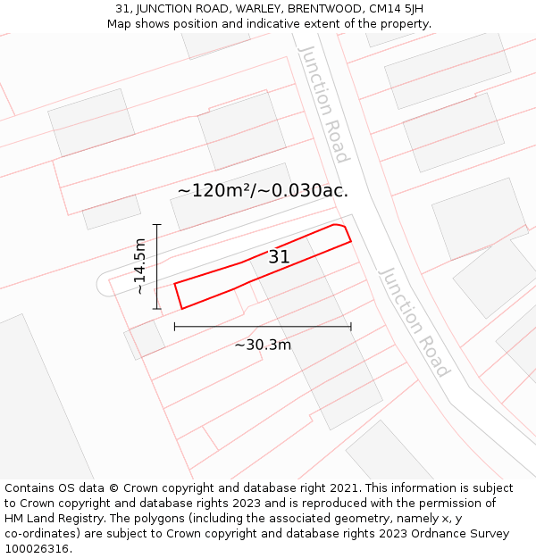 31, JUNCTION ROAD, WARLEY, BRENTWOOD, CM14 5JH: Plot and title map