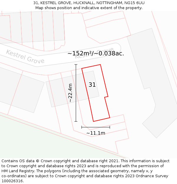 31, KESTREL GROVE, HUCKNALL, NOTTINGHAM, NG15 6UU: Plot and title map