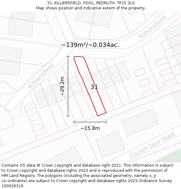31, KILLIERSFIELD, POOL, REDRUTH, TR15 3LS: Plot and title map