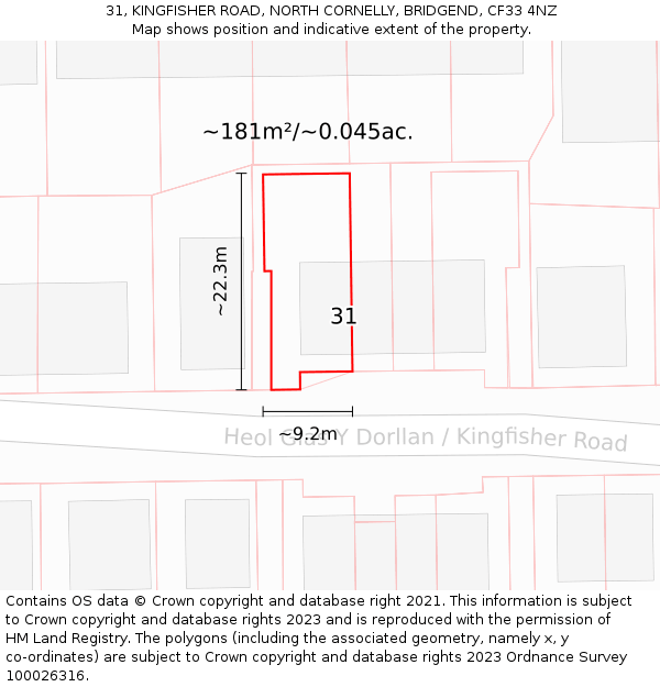 31, KINGFISHER ROAD, NORTH CORNELLY, BRIDGEND, CF33 4NZ: Plot and title map