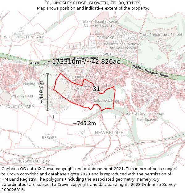 31, KINGSLEY CLOSE, GLOWETH, TRURO, TR1 3XJ: Plot and title map