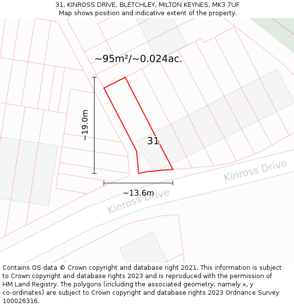 31, KINROSS DRIVE, BLETCHLEY, MILTON KEYNES, MK3 7UF: Plot and title map