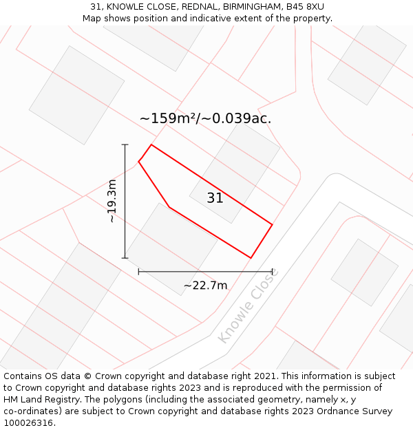 31, KNOWLE CLOSE, REDNAL, BIRMINGHAM, B45 8XU: Plot and title map
