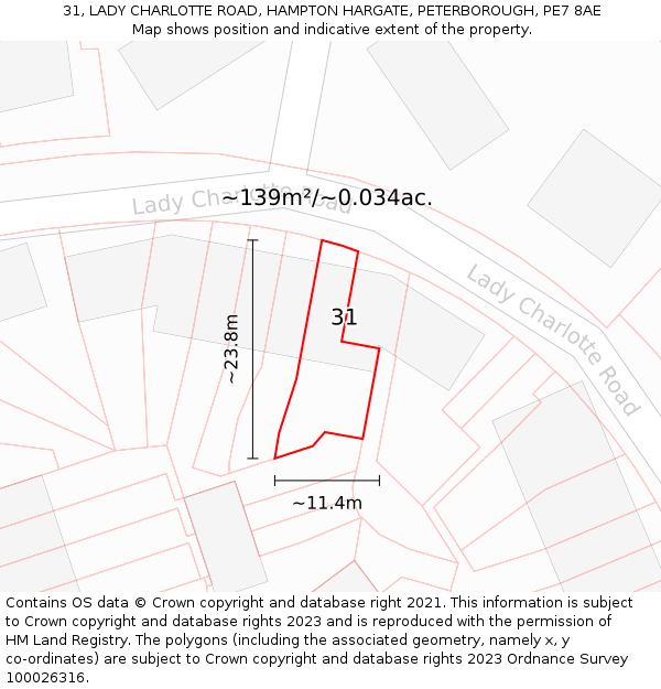 31, LADY CHARLOTTE ROAD, HAMPTON HARGATE, PETERBOROUGH, PE7 8AE: Plot and title map