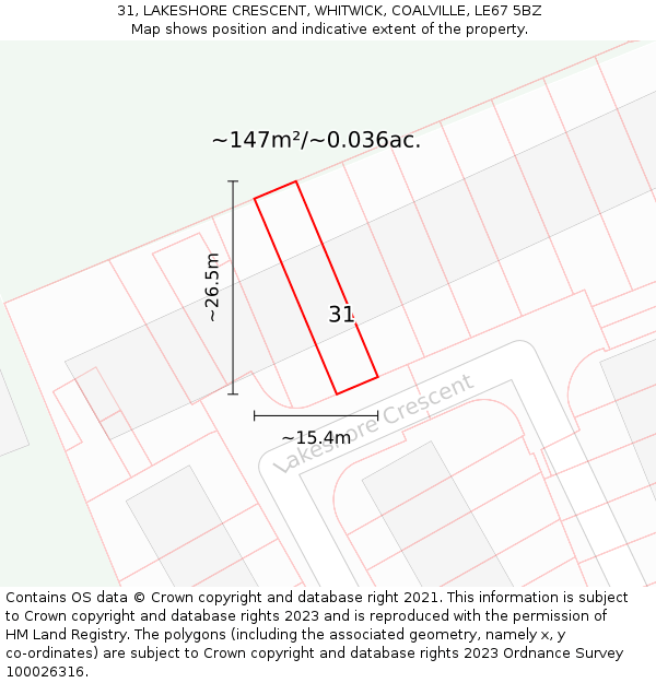 31, LAKESHORE CRESCENT, WHITWICK, COALVILLE, LE67 5BZ: Plot and title map
