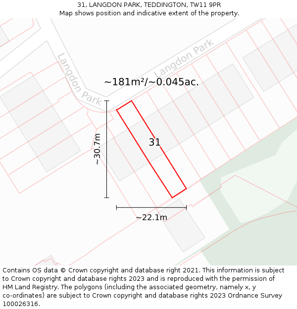 31, LANGDON PARK, TEDDINGTON, TW11 9PR: Plot and title map
