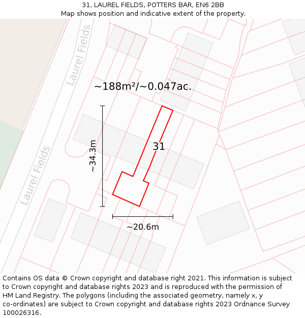 31, LAUREL FIELDS, POTTERS BAR, EN6 2BB: Plot and title map