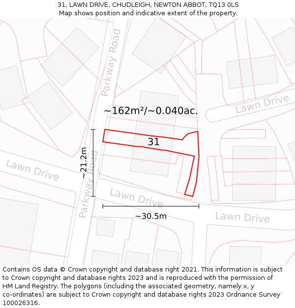 31, LAWN DRIVE, CHUDLEIGH, NEWTON ABBOT, TQ13 0LS: Plot and title map