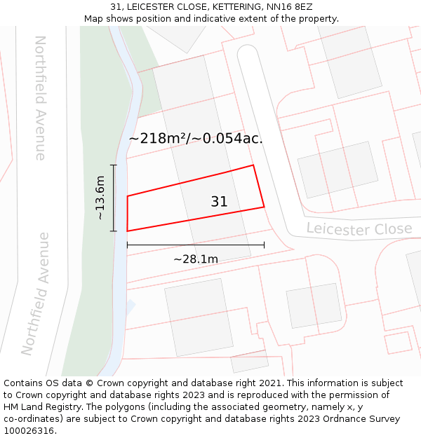31, LEICESTER CLOSE, KETTERING, NN16 8EZ: Plot and title map