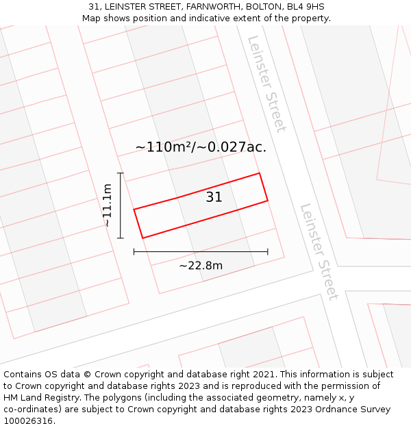 31, LEINSTER STREET, FARNWORTH, BOLTON, BL4 9HS: Plot and title map