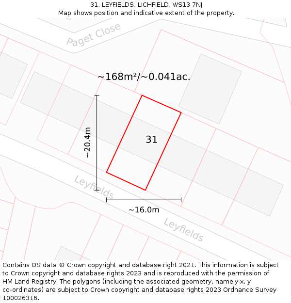 31, LEYFIELDS, LICHFIELD, WS13 7NJ: Plot and title map