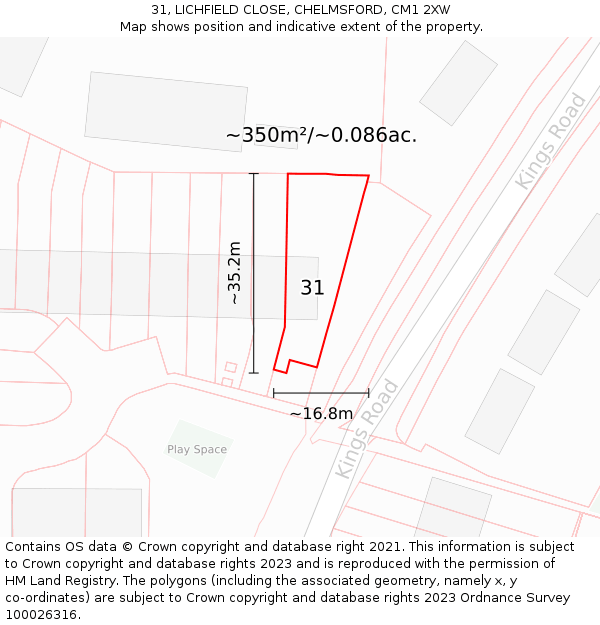 31, LICHFIELD CLOSE, CHELMSFORD, CM1 2XW: Plot and title map