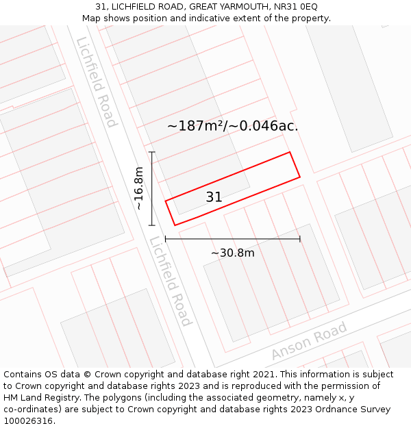 31, LICHFIELD ROAD, GREAT YARMOUTH, NR31 0EQ: Plot and title map