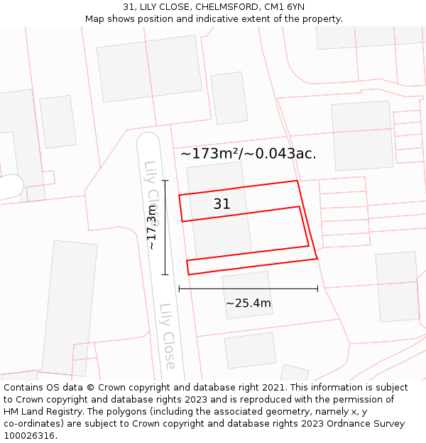 31, LILY CLOSE, CHELMSFORD, CM1 6YN: Plot and title map