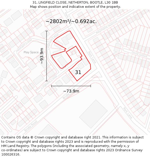 31, LINGFIELD CLOSE, NETHERTON, BOOTLE, L30 1BB: Plot and title map